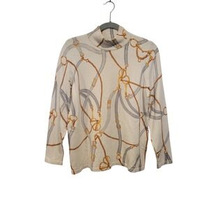 Chicos‎ Small 8/10 Ivory Gold Gray Equestrian Shimmer Mock Neck Blouse Old Money